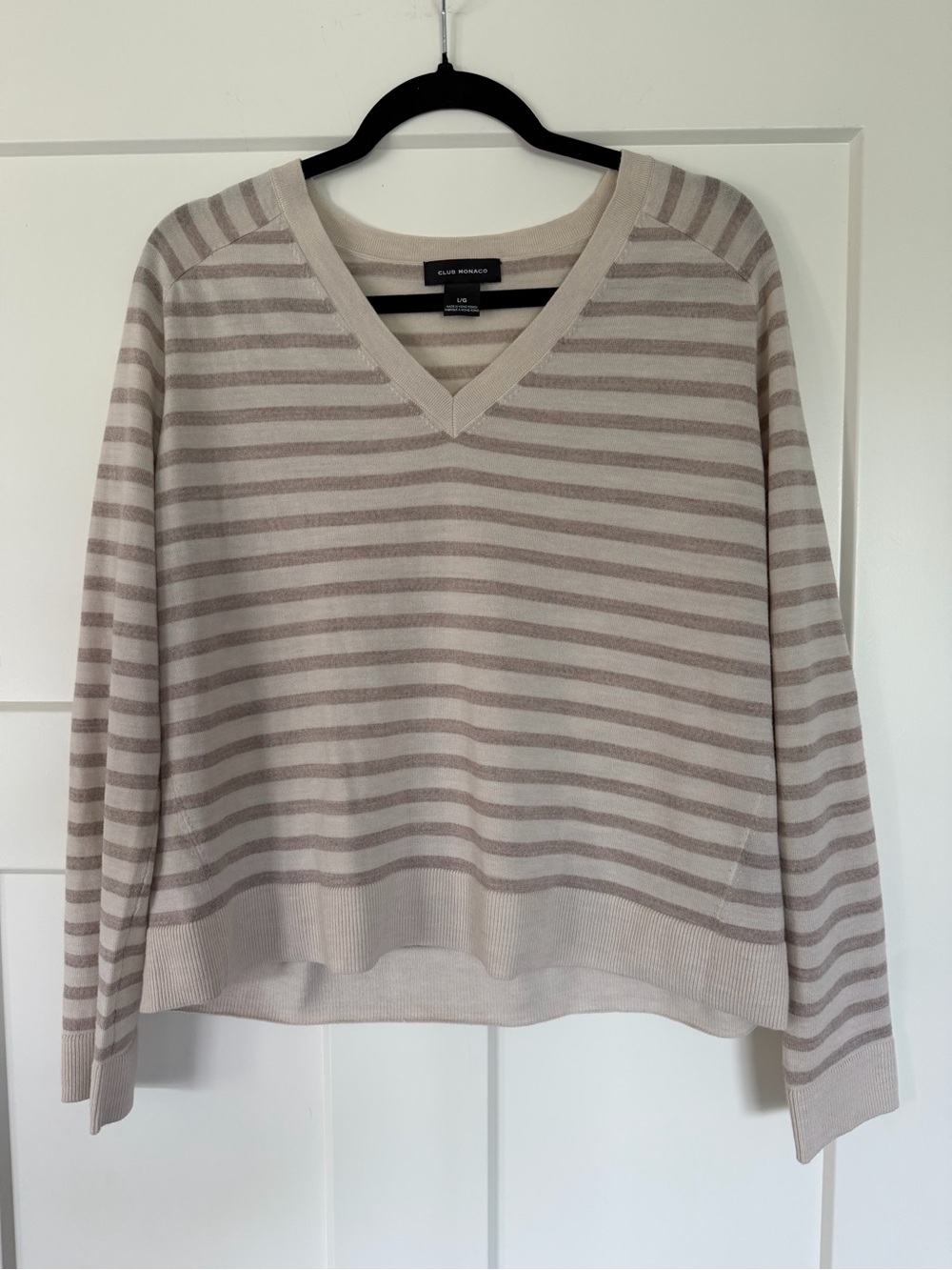 Club Monaco 100% Wool Beige Stripe V-Neck Sweater
